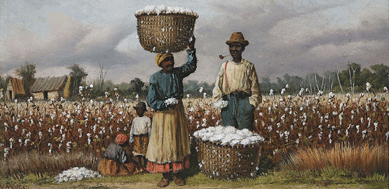 William Aiken Walker (American, 1838‱921), "Male and Female Cotton Pickers with Children,†oil on board, 6¼ by 12 inches, rose to $35,250.