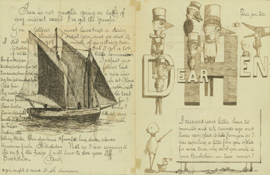 Maxwell Parrish's illustrated letter to Henry Bancroft, January 20, 1885, Paris, pen on paper, Delaware Art Museum.