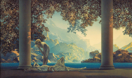 :⁄aybreak,†1922, lithograph, 17¾ by 29½ inches, was Maxfield Parrish⁳ first lithograph from a painting privately produced with a publishing company.