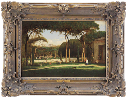 A truly superior work by George Inness titled "The Villa Borghese, Rome, 1871†depicts 40-plus individual figures in colorful dress strolling through the park along marble steps beneath a canopy of trees. The piece, with its provenance to Stanford White, a famous New York City architect, found a buyer at $132,250.
