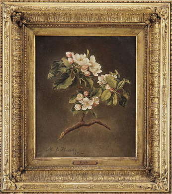 The auction featured a recent discovery of an oil on canvas by Martin Johnson Heade titled "Apple Blossoms.†This strikingly realistic floating image of a blooming apple tree branch made a strong showing. Coming fresh from a New York home and formerly part of the collection of William Mason, Esq., who purchased it from the artist, it exceeded its $50/75,000 estimate to sell for $126,500.