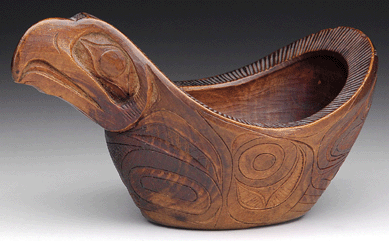 An outstanding carved Northwest Coast cedar oil dish in the form of a bird was a showstopper, bringing $39,100, well above its estimate of $8/12,000.