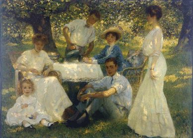 F. Luis Mora, "Shadows in the Orchard,†1910, oil on canvas, 51¾ by 72 inches, signed lower left; Susan and John Hainsworth Collection. Courtesy Mattatuck Museum Art & History Center.