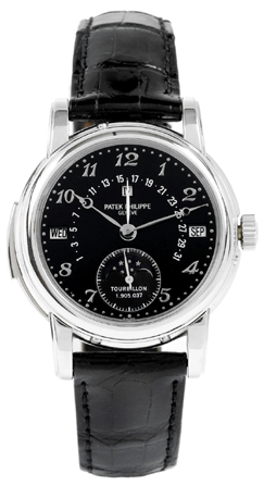 The top lot of the auction was this two-dial platinum 5016, Patek Philippe, Genève, Ref 5016P, minute-repeating, platinum wristwatch with black dial custom-ordered from Patek Philippe, that attained $780,000.