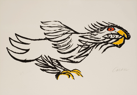 Commissioned by Braniff International Airlines to spruce up their jets, Calder designed this flying eagle, "L'Aigle,†a color lithograph, after the image had graced the fuselages of the Braniff fleet. Mattatuck Museum, Waterbury, Conn., gift of Conrad and Selma Fleisher.