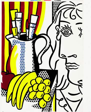 Using a magic marker, tape and painted and printed board on paper, Lichtenstein made this "Collage for Still Life with Picasso,†1973, come alive with brilliant reds and yellows contrasting with the face at the right and strategically placed black Benday dots.