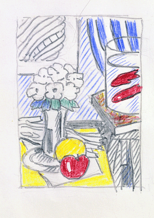 In this "Drawing for Still Life,†1973 †a mere 8¼ by 5 inches †Lichtenstein used graphite and colored pencils to lay out the basic composition for a collage in which a number of revisions are visible.