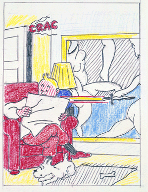 Lichtenstein used this sketch of a boy reporter and his dog in preparing the cover for a novel about their exploits. "Tintin Reading,†1992, is based on images by a Belgian artist in the 1920s. Note the assassin's knife whizzing past Tintin's left side.