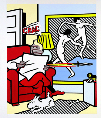 Amending his drawing, Lichtenstein lowered the "CRAC†symbol and clarified the image of Henri Matisse's dancers in the window in "Collage for Tintin Reading,†1993. It was created for the cover of Frederic Tuten's Tintin in the New World, published in 1993.