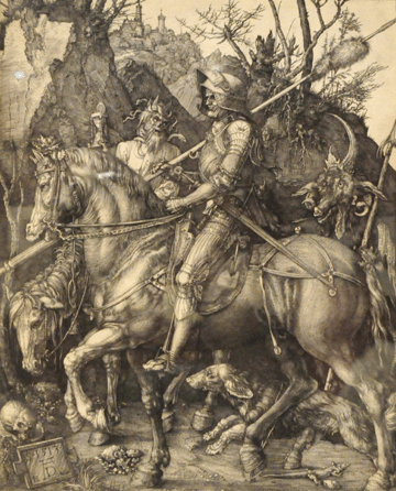 Exceptional Old Masters works by Albrecht Dürer included his engraving titled "Ritter, Tod und Teufel (Knight, Death and Devil)†from 1513 at R. Stanley Johnson, Chicago.