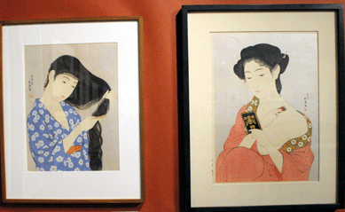 Color woodblock Orientalist prints by Hashiguchi Goyo were offered at The Art of Japan, Medina, Wash. "Woman Applying Makeup†from 1918 was priced at $39,500, and "Combing Her Hair†from 1920 was marked $79,500. 