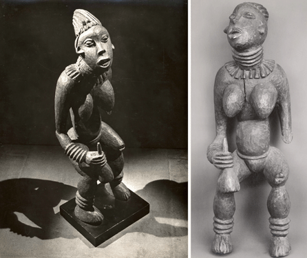 In depicting the carving of a "Bangwa Queen†from Cameroon's Bangwa Kingdom in 1935, Walker Evans photographed the animated figure, right, softly lit and head-on, in keeping with his documentary style. "In contrast to Man Ray, whose composition obscures form to draw attention to the sculpture's expressive face, vitality and dynamic sense of motion,†says curator Wendy A. Grossman, "Evans brings out sculptural details and emphasizes the form of the entire figure represented in a more classical pose.†The contrasts between photos taken by the two skilled artists "demonstrate remarkably different visions in their approaches to the same subject matter,†Grossman observes. The gelatin silver print is from the Center for Creative Photography, University of Arizona, gift of Tucson Museum of Art. ©Walker Evans Archive, the Metropolitan Museum of Art.