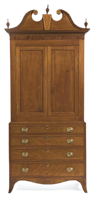 An imposing Southern Hepplewhite cherry linen press was thought to have been made in Kentucky and realized $60,840.