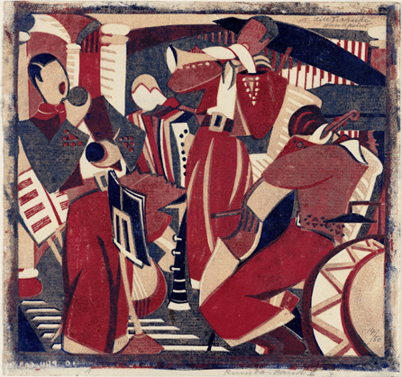 Lill Tschudi, "Rhumba Band II,†April 1936, color linocut. Johanna and Leslie Garfield Collection. Courtesy Museum of Fine Arts, Boston.