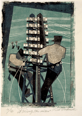 Lill Tschudi (Swiss, active in England, 1911′004), "Fixing the Wires,†1932/1937, linocut. The Metropolitan Museum of Art, courtesy Museum of Fine Arts, Boston.