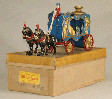 Hubley painted cast iron Calliope Wagon from the Royal Circus series, with original box, sold for $22,325.