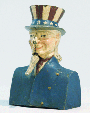 Painted cast iron Uncle Sam bust-style mechanical bank with "jiggling†goatee, attributed to Ives, Blakeslee, did $17,625.