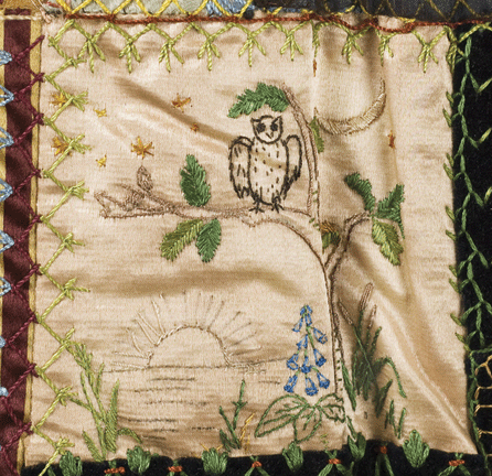 Owl detail from a crazy quilt made by Catherine Hume Simons, Charleston, S.C., circa 1885. Courtesy The Charleston Museum.