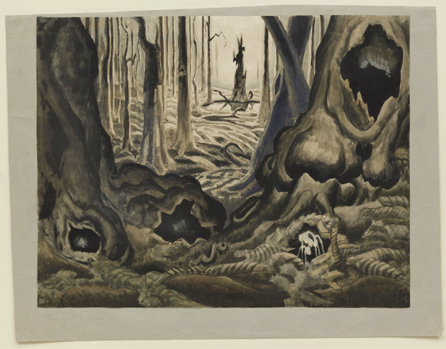 Charles Burchfield, "The First Hepaticas,†1917‱8, watercolor, gouache and pencil on paper, 21½ by 27½ inches. The Museum of Modern Art, New York, gift of Abby Aldrich Rockefeller, 1935.