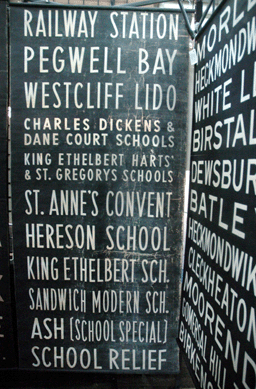 British route signs, documenting the progression of font styles through different periods of the transit system's development, were popular with graphic designers at Home Economics, Grant Pass, Ore.