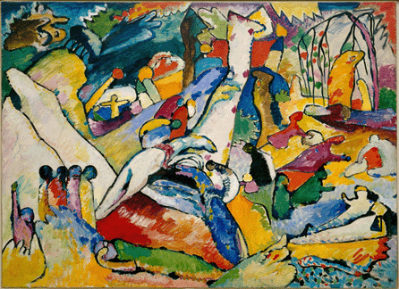 In a particularly colorful "Sketch for Composition II (Skizze fur Komposition II),†1909‱910 (a monumental oil painting now destroyed), a wild group of figures and symbols populate a canvas split between the glowing colors of a peaceful, idyllic scene to the right that contrasts with a dark, somber, catastrophic view to the left. Solomon R. Guggenheim Founding Collection.