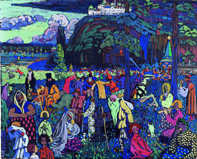 The masterpiece of Kandinsky's early career, painted in Paris, "Colorful Life (Motley Life) (Das bunte Leben),†1907, overflows with anecdotal incidents and a sampling of Russian types †peasants, priests, lovers, people fighting with staves, a warrior on horseback, a funeral procession. It reflects the artist's longing for his native Russia. Bayerische Landesbank, on permanent loan to the Stadtische Galerie im Lenbachhaus, Munich, ©2009 Artist Rights Society (ARS), New York/ADAGP, Paris. Photo courtesy Stadtische Galerie in Lenbachhaus, Munich.