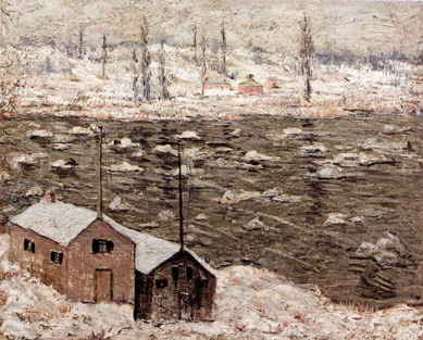 A Harlem River winter scene by Ernest Lawson, "Boathouses Along A River,†circa 1910, sold at $120,000.