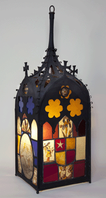 Gothic lantern, William Hallett Sr, designed by Richard Bentley, circa 1755; colored, stained and enameled glass set in an iron, lead and painted tin frame; courtesy of The Lewis Walpole Library, Yale University.