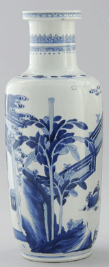 The Nineteenth Century blue and white porcelain vase was decorated with court figures and brought $18,400.