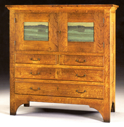 Furniture highlights in the exhibition include this Byrdcliffe Colony, Woodstock, N.Y., linen press with landscape panels, circa 1904, made of oak and copper.