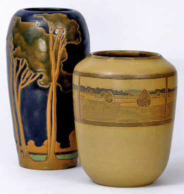 Rhead Pottery vase with landscape, circa 1914‱7, left, designed and executed by Frederick Hurten Rhead (1880‱942), glazed earthenware. At right is a Marblehead Potteries vase with landscape, circa 1909‱0, designed by Annie E. Aldrich (1857‱937); executed probably by Sarah W. Tutt (1859‱947), matt glazed earthenware.