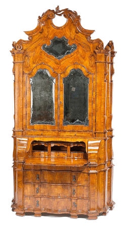 A South German baroque-style figured walnut secretary created bidder excitement, bringing more than five times over estimate.  A collector paid $52,460 for the secretary, consigned from the Antonio Mariani collection.