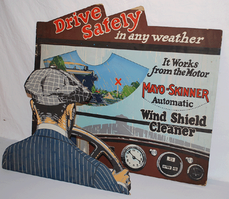 This cardboard diorama for Mayo-Skinner Automatic Windshield Cleaner really cleaned up when it sold for $5,060, proving that cardboard signs can be as desirable as porcelain and globes.