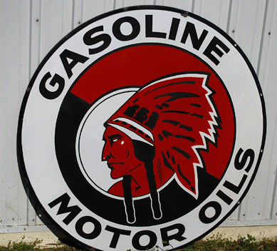 A Gasoline Motor Oil (Red Indian) single-sided 60-inch porcelain sign achieved $5,500.