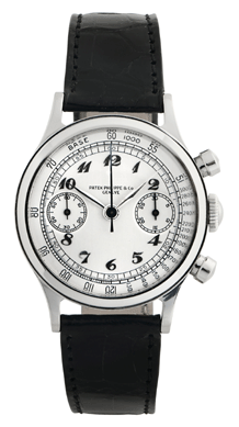 A stainless steel chronograph, Ref 1463 Patek Philippe, made in 1959, sold November 18, 1965, realized $270,000.