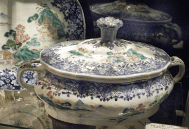 Earle Vandekar of Knightsbridge, White Plains, N.Y., offered this Chinese Export underglaze blue and famille rose soup tureen, cover and stand, circa 1750.
