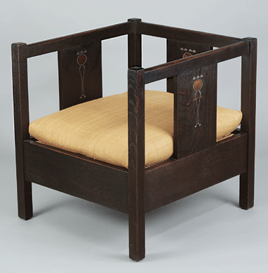 Designed for Gustav Stickley by Harvey Ellis, the inlaid cube chair was made circa 1903. Collection of Crab Tree Farm.