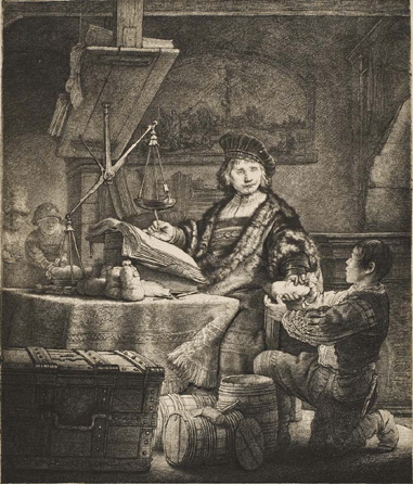 Rembrandt van Rijn (Dutch, 1606‱669), "Jan Uytenbogaert, The Goldweigher,†1939, etching, drypoint; State II, plate: 9 3/8 by 7 15/16 inches, Norton Simon Art Foundation.