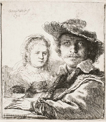 Rembrandt van Rijn (Dutch, 1606‱669), "Self-Portrait with Saskia,†1636, etching,  State I, plate 4 1/8 by 3 11/16 inches, Norton Simon Art Foundation.