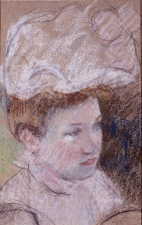 Mary Cassatt, "Lyontine in a Pink Fluffy Hat,†1898, pastel on paper, 14½ by 9½ inches. Collection of Arthur and Arlene Levine.