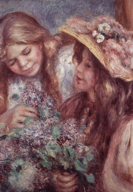 Pierre August Renoir, "Jeunes filles aux lilas,†circa 1890, oil on canvas, 21 5/8 by 8 inches. The Lois and David Lerner Collection.