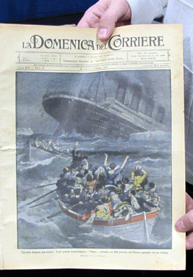 Eric Caren, Caren Archive, Inc, holds a copy of La Domenica del Corriere, an Italian newspaper supplement with a graphic and dramatic image of the sinking of the Titanic. "The most dramatic coverage I've seen,†according to the Lincolndale, N.Y., dealer.