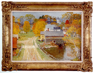 From the Elinor Gordon estate came this autumnal townscape painting by John Joseph Enneking (American, 1841‱916), signed lower right and dated '94. The 18-by-25-inch painting lit up the phone lines and took $37,440 from a phone bidder. 