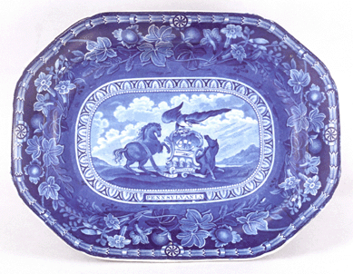 This historical blue Staffordshire Arms of Pennsylvania platter, Nineteenth Century, measuring 16 by 21 inches, had been consigned by a local museum and finished at $32,420, possibly an auction record price. 