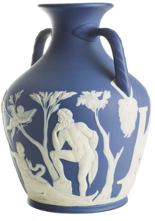 Josiah Wedgwood saw the Barberini cameo glass vase, also known as the Portland vase, a dark blue transparent glass with white reliefs excavated between 1622 and 1644 in a Roman sarcophagus, at a 1786 auction. He coveted it but was outbid. The successful bidder allowed him to make jasperware copies. The example pictured dates from about 1875.