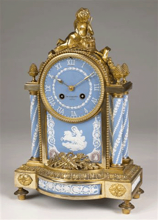 The pale blue and lilac jasper with gilt bronze clock, made possibly for the 1878 Exposition Universelle in Paris, is housed in a metal case by Thomas Reynoldson of Hull, and the movement is by Henry Marc of Paris.