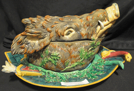 The Minton majolica four-piece game set in the shape of a boar's head was offered at $69,500 by Charles Washburne, Solebury, Penn.