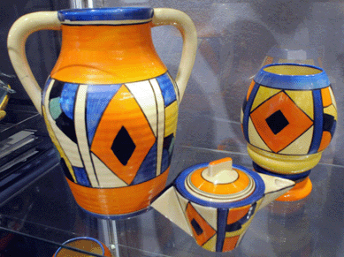 Three rare Clarice Cliff vessels in the same rare diamond pattern at Cara Antiques, Langhorne, Penn.