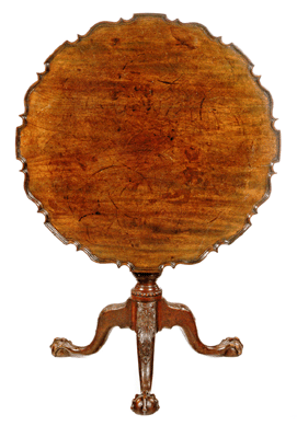 A Chippendale carved and figured mahogany scalloped top tea table, Philadelphia, circa 1770, was $266,500.