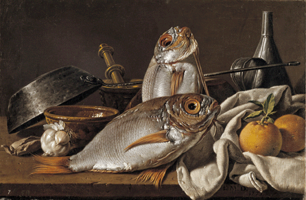 Demonstrating his skill at depicting fish up close and personal, Melendez included two glistening sea breams in "Still Life with Bream, Oranges, Garlic, Condiments and Kitchen Utensils,†1772. Viewers can see every scale and the fishes' unsettling eyes as they lie on a table amid items needed to cook a meal. Few painters have matched the artist's ability to render fish. Museo Nacional del Prado, Madrid.